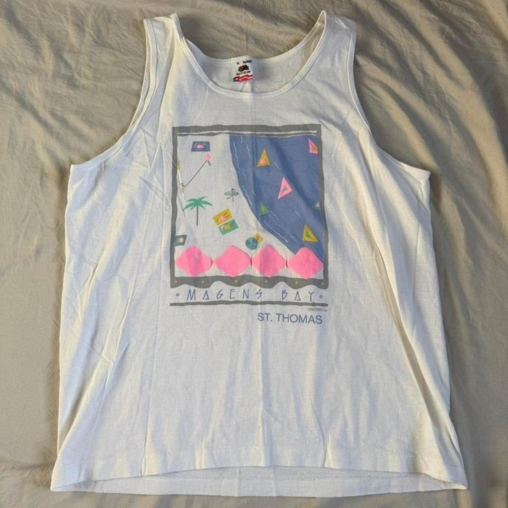 Men's White vintage 90s Magens Bay St. Thomas tank top with pastel design